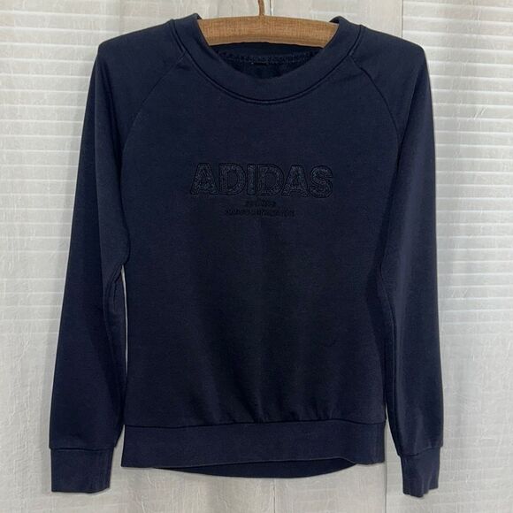 adidas L Unisex Child Navy Crewneck Terrycloth Interior Sweatshirt - Picture 1 of 8